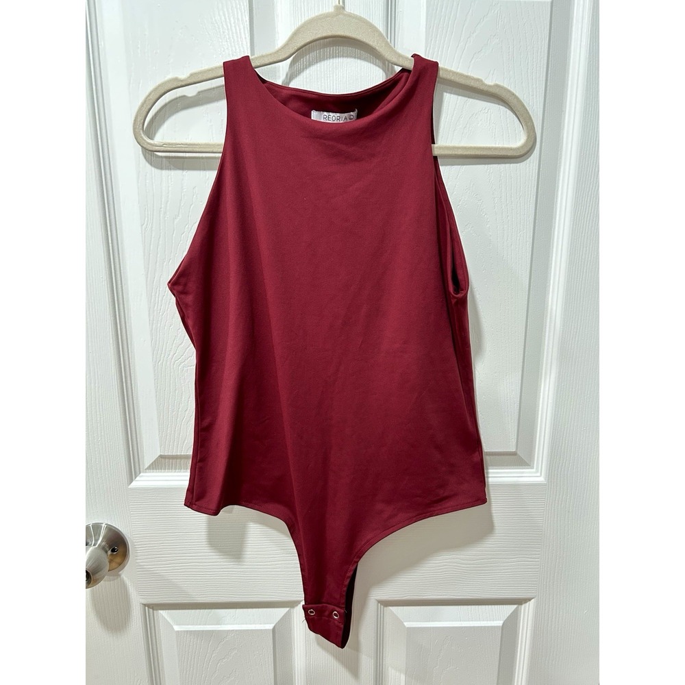 REORIA Tank Bodysuit‎ for Women Halter Neck Sleeveless Burgundy Large